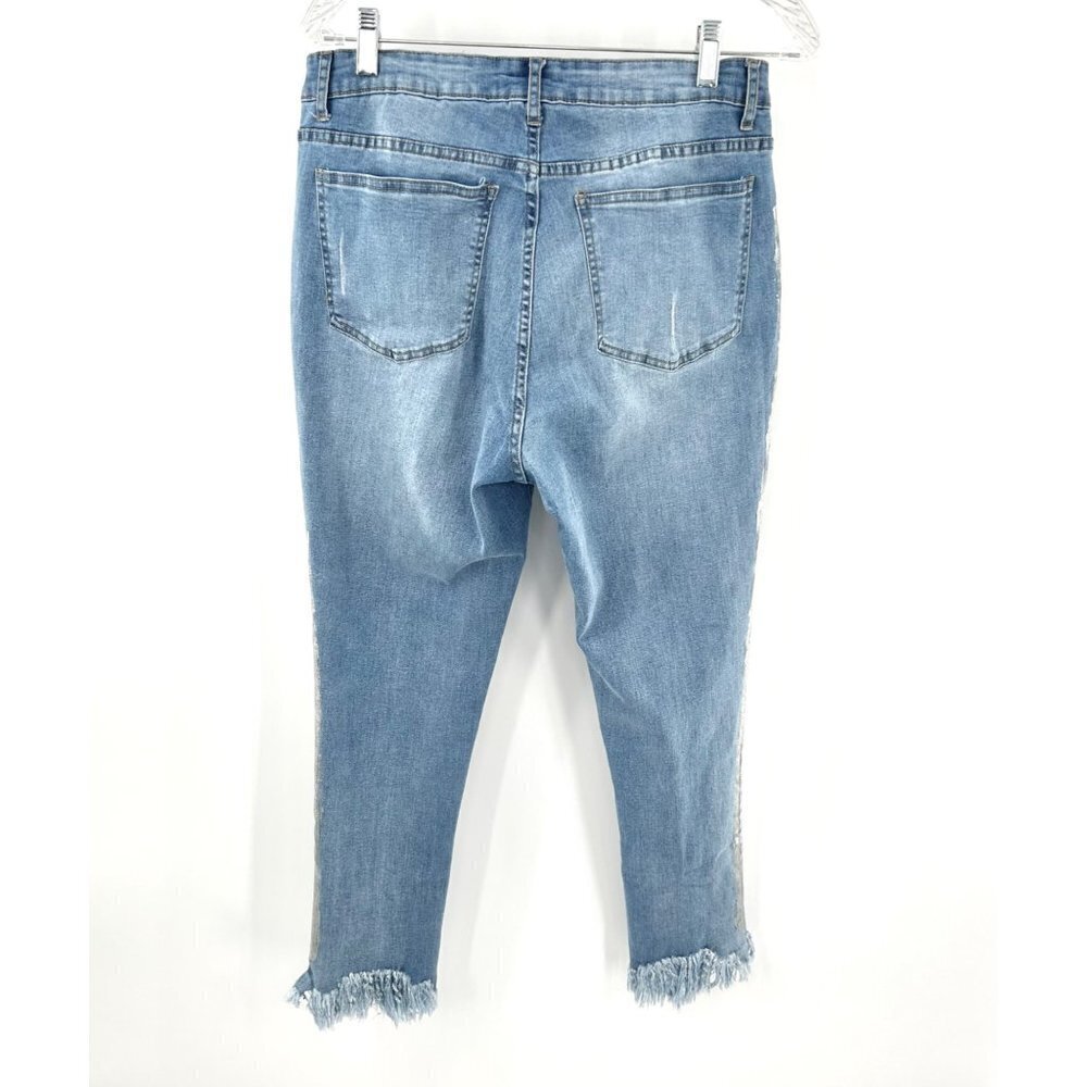 FOR THE REPUBLIC METALLIC SILVER SIDE FRINGE BOTTOM DENIM JEANS - 10 - Picture 5 of 5